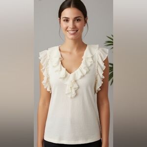 By Anthropologie Soft Cream Ruffled V-Neck Blouse, Romantic, Cottagecore Sz M